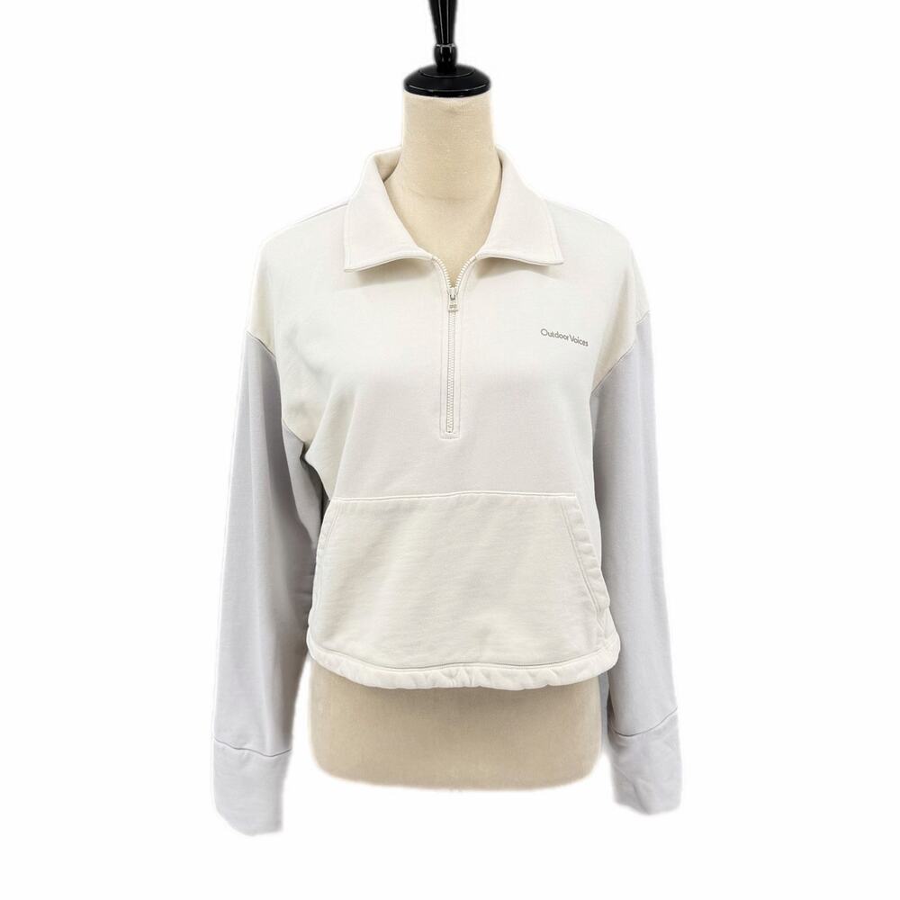Outdoor Voices Two Tone White Gray 100% Cotton 1/4 Zip Pocket Collared Pullover